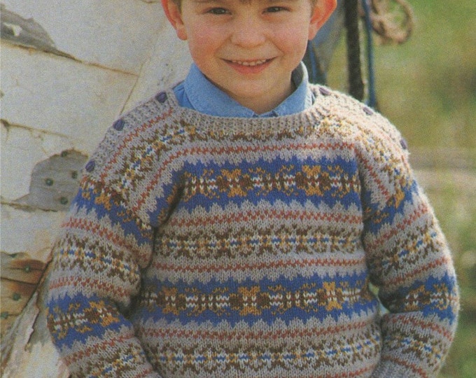 Childrens Fair Isle Sweater and Beret Knitting Pattern PDF Boys or Girls 22, 24, 26 and 28 inch chest, Fair Isle Jumper and Hat, Download