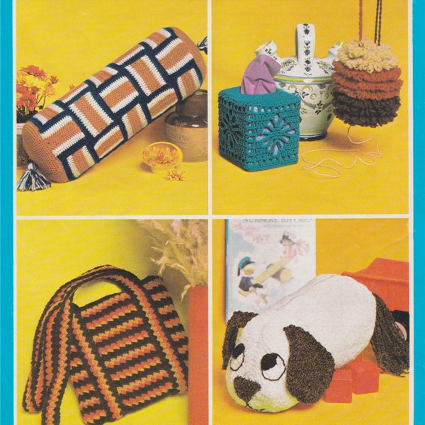 Gifts Knitting and Crochet Pattern PDF, Knitted Puppy PJ Case and String Holder, Crocheted Cushion, Bag and Tissue Box Cover, PDF Download