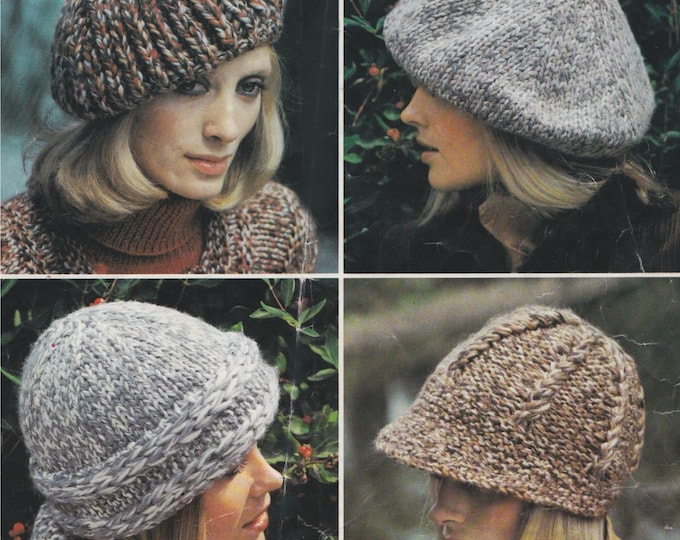 Hat Knitting Pattern PDF in 4 Designs for Women, Super Chunky Yarn, Super Bulky Yarn, Winter Warmers, Vintage Knit Patterns