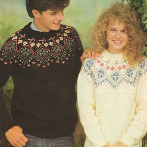 Fair Isle Yoke Sweater Knitting Pattern PDF Womens and Mens 32, 34, 36, 38, 40, 42 and 44 inch chest, Jumper, Vintage Knitting Patterns