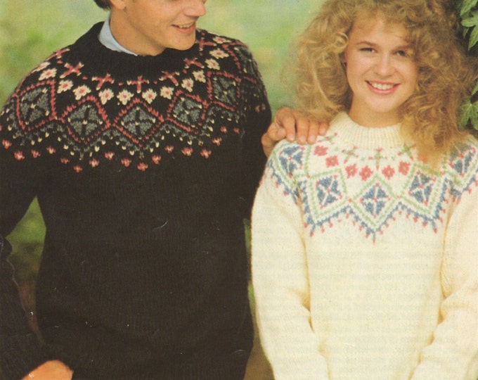Fair Isle Yoke Sweater Knitting Pattern PDF Womens and Mens 32, 34, 36, 38, 40, 42 and 44 inch chest, Jumper, Vintage Knitting Patterns