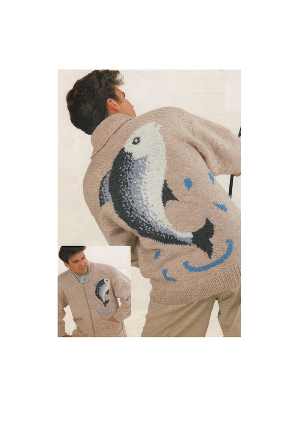 Mens Fishing Cardigan Knitting Pattern PDF With Fish Motif, Mans
