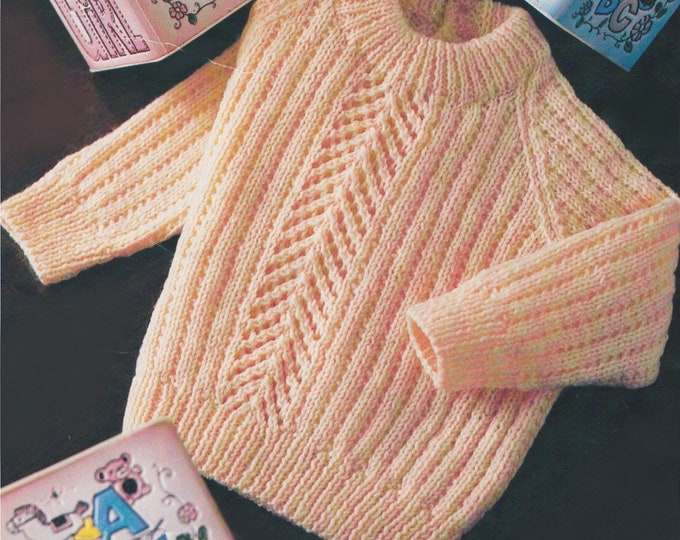 Girls Sweater Knitting Pattern PDF Babies or Toddlers 18, 20 & 22 inch chest, 4 ply Yarn, Patterned Jumper with Lacy Panel, Vintage Patterns