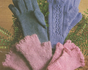 May include: A set of four knitted gloves in two colors: blue and pink. The blue gloves are full fingered and have a cable knit pattern. The pink gloves are fingerless and have a simple knit pattern.