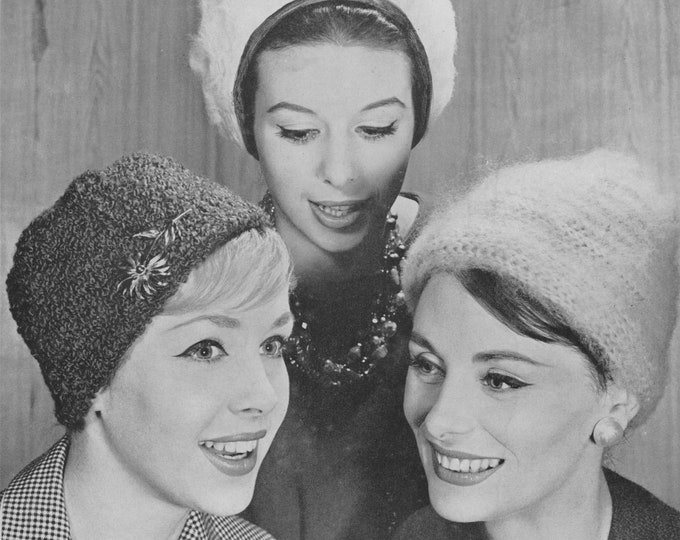 Womens Hat Knitting Pattern PDF in 3 Designs, Poodle Wool and DK 8 ply Yarn, Winter Warmers, Vintage Knit Patterns