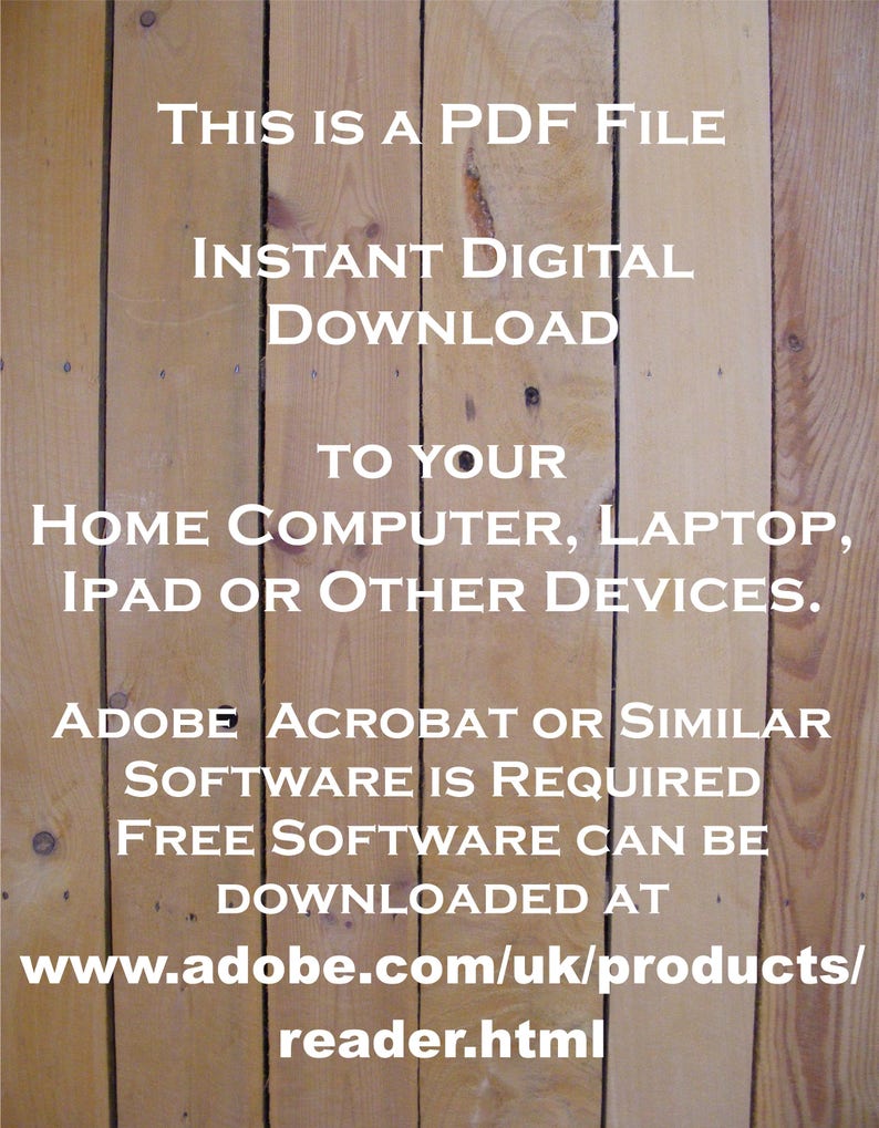 Pu&ograve; includere: Testo su uno sfondo a grana di legno che recita "Questo &egrave; un file PDF. Download digitale istantaneo sul tuo computer di casa, laptop, iPad o altri dispositivi. Adobe Acrobat o un software simile &egrave; richiesto. Il software gratuito pu&ograve; essere scaricato su www.adobe.com/uk/products/reader.html"