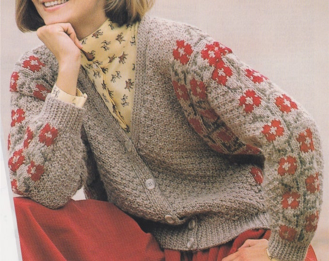 Womens Fair Isle V Neck Cardigan Knitting Pattern PDF 32 - 34 & 36 - 38 inch bust, Flower Motif Tyrolean Style Cardigan, Basket Weave Stitch