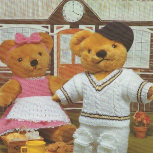 Teddy Bear Clothes Knitting Pattern PDF Cricket Outfit for Boy Teddy Bears and Dress with Apron for Girl Teddy Bears, DK yarn, pdf Download