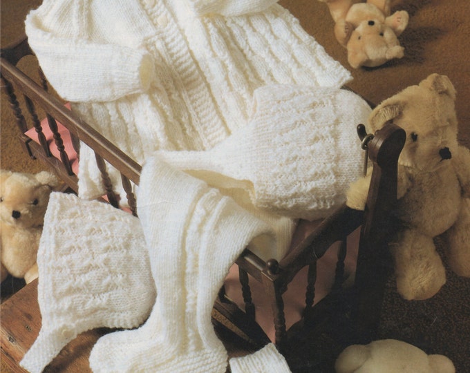 Babys Matinee Coat, Leggings, Helmet, Bonnet and Mittens Knitting Pattern PDF : Boys or Girls 16 & 18 inch chest . e-patterns Download