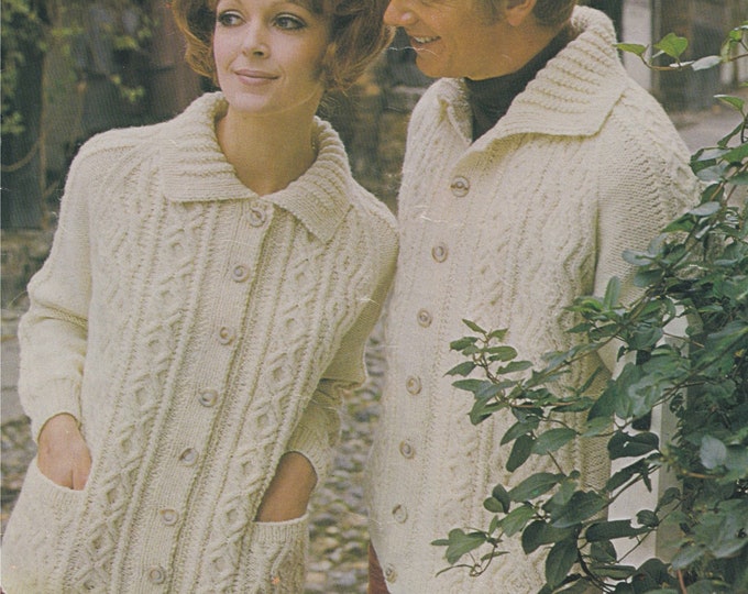 Aran Cardigan Knitting Pattern PDF Mens or Womens 36, 38, 40, 42, 44 and 46 inch chest, Cardigan with Pockets, Vintage Aran Patterns