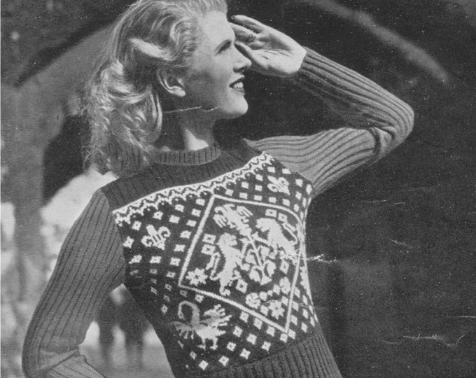 Womens Herald Fair Isle Sweater Knitting Pattern PDF Ladies 34 inch bust, Fair Isle Jumper with Short or Long Sleeves, Vintage Patterns PDF