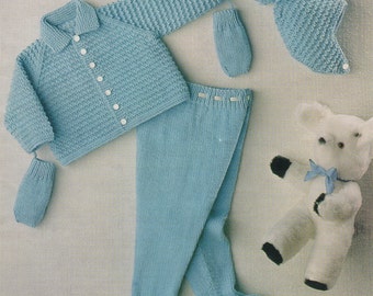 May include: A knitted baby outfit in light blue, including a cardigan with buttons, pants, a hat with a pom-pom, and mittens.