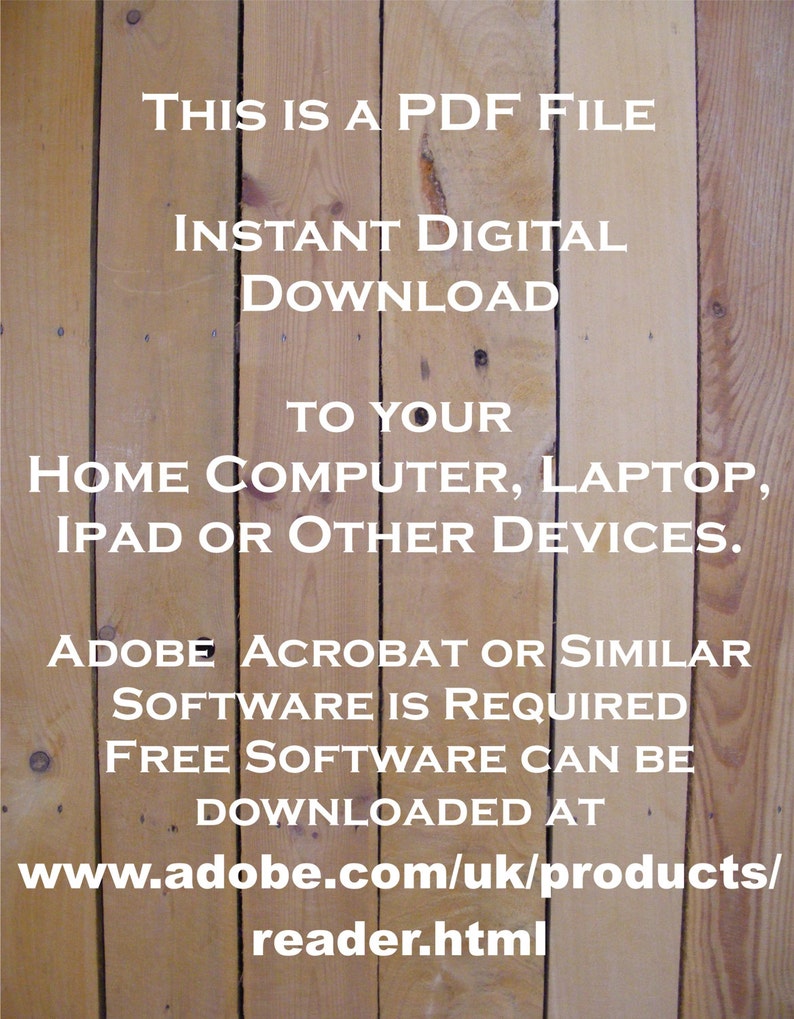 Puede incluir: Texto sobre un fondo de veta de madera que dice: "Este es un archivo PDF. Descarga digital instant&aacute;nea a tu computadora de casa, computadora port&aacute;til, iPad u otros dispositivos. Se requiere Adobe Acrobat o software similar. El software gratuito se puede descargar en www.adobe.com/uk/products/reader.html"