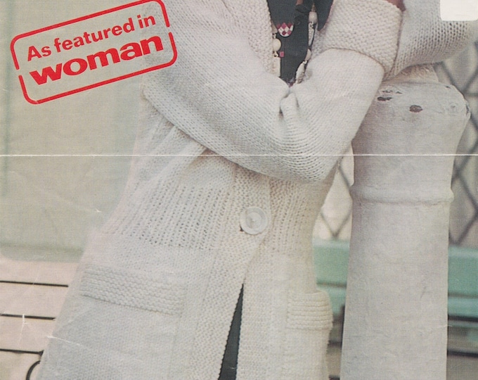 Womens Long Cardigan with Pockets Knitting Pattern PDF Ladies 32, 34, 36 and 38 inch bust, Jacket, Chunky Yarn, Vintage Patterns for Women