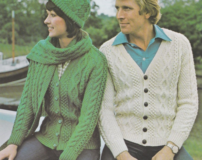 Aran V Neck Cardigan Knitting Pattern PDF Womens and Mens 34, 36, 38, 40, 42 and 44 inch chest, Vintage Knit Patterns, e-pattern Download