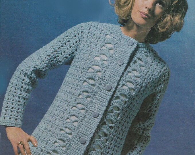 Womens Jacket Crochet Pattern PDF Ladies 34, 36, 38 and 40 inch bust, Cardigan, Chunky Yarn, 12 ply Yarn, Vintage Crochet Patterns for Women