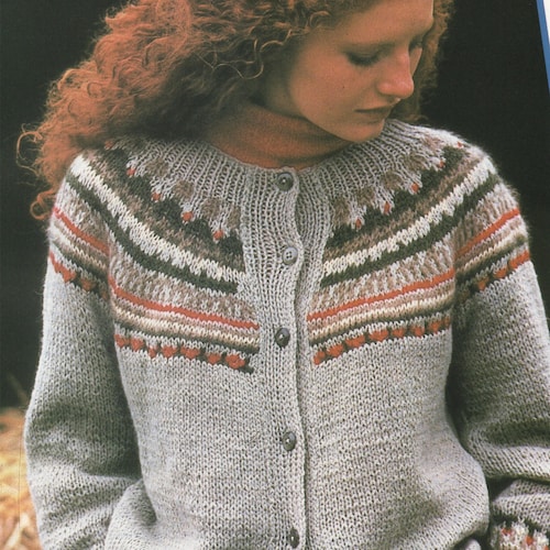 vintage womens fair isle sweater knitting pattern pdf ladies girls fairisle yoke jumper 23-2934-40 aran worsted 10ply pdf instant download