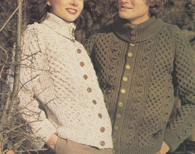 Aran Jacket with Polo Collar Knitting Pattern PDF His and Hers 32, 34, 36, 38, 40, 42 inch chest, Unisex, 10 ply Yarn, Vintage Knit Patterns