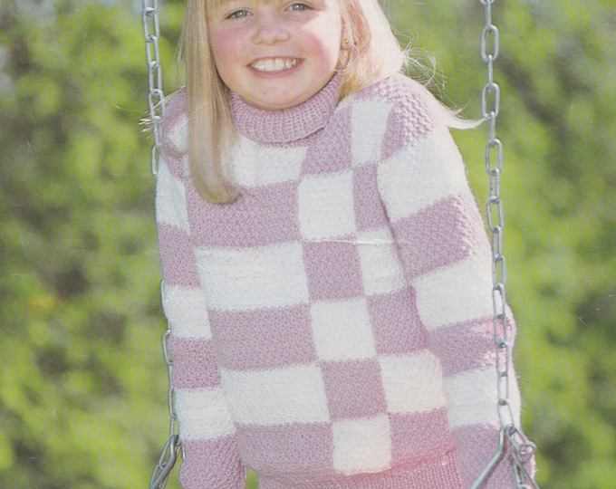 Childrens Patterned Sweater with Polo Neck Knitting Pattern PDF Girls or Boys 24, 26, 28, 30 and 32 inch chest, DK 8 ply Yarn, Knit Patterns