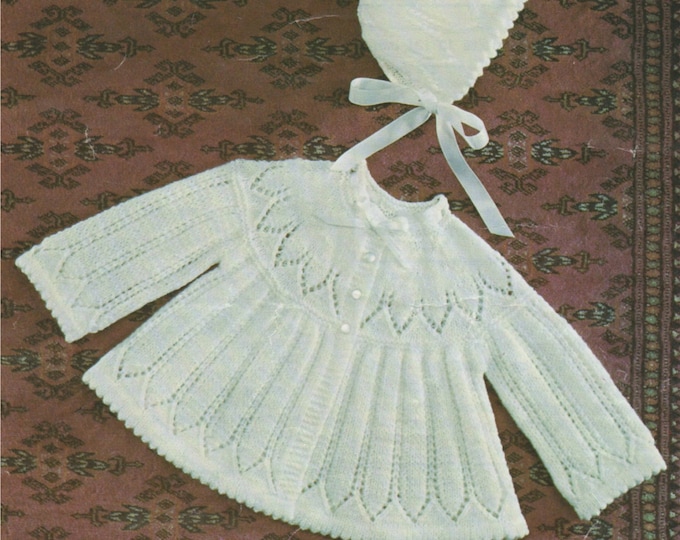 Baby Matinee Coat and Bonnet Knitting Pattern PDF : Newborn Babies 17 - 19 inch chest . 4 Ply Yarn . Babys Jacket . Digital Download