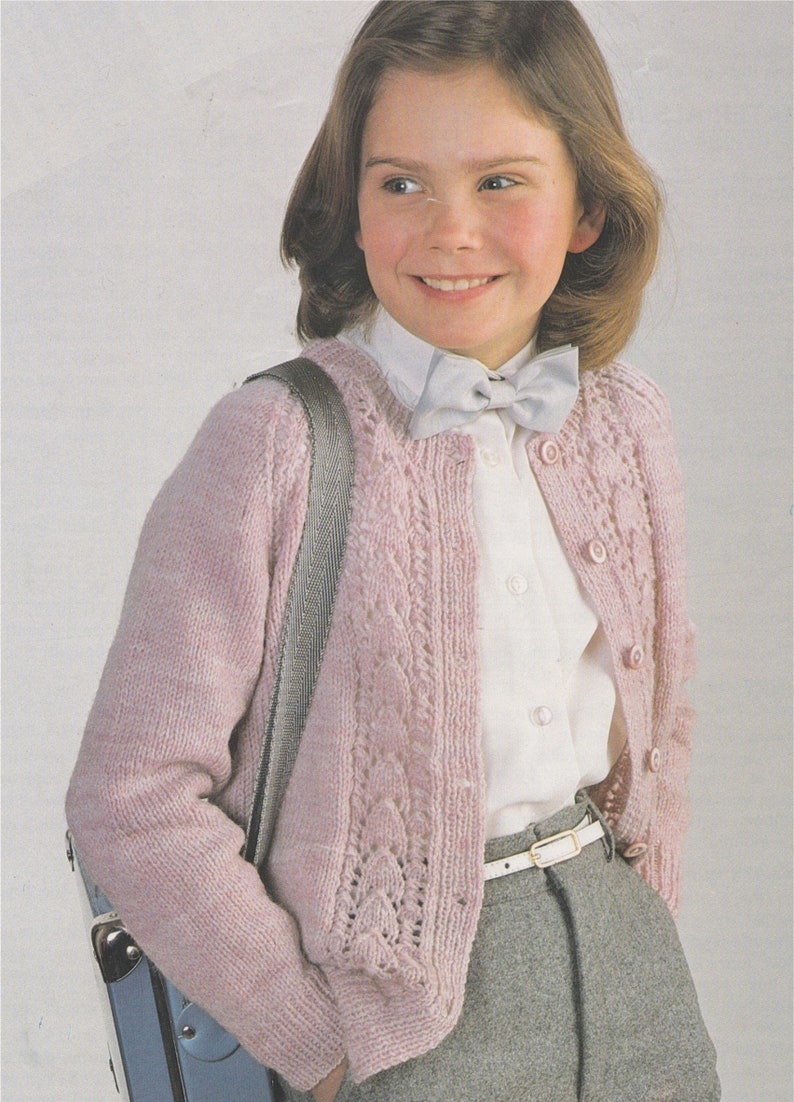 Girls Cardigan Knitting Pattern PDF Childrens and Toddlers 22, 24, 26, 28 and 30 inch chest, Lacy Patterned, e-pattern Digital Download image 1