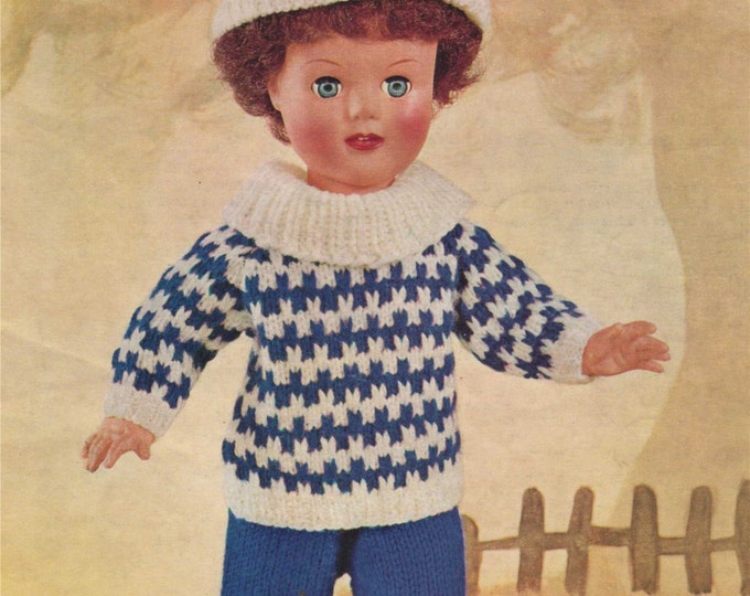 Dolls Clothes Knitting Pattern PDF for 18 inch Doll, Fair Isle Sweater, Trousers, Hat, Boots, Vintage Knitting Patterns for Dolls, Download