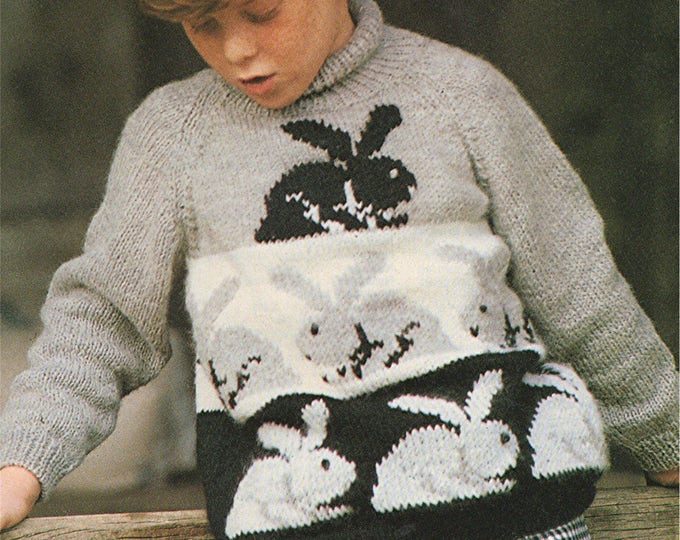 Childrens Rabbit Sweater Knitting Pattern PDF Boys and Girls 24, 25 & 26 inch chest, Fair Isle Jumper, Intarsia Knitting Patterns, Download