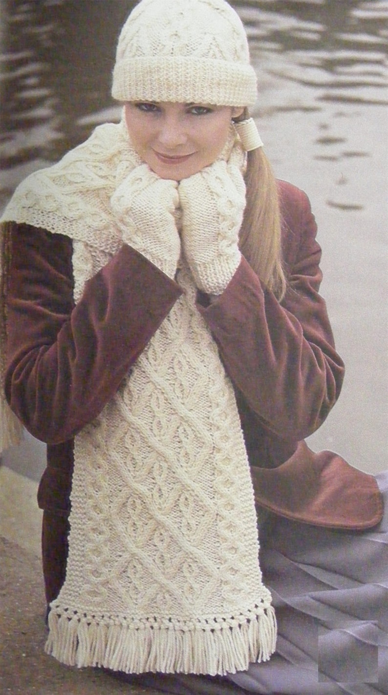 Womens Aran Hat Scarf and Mittens Knitting Pattern PDF Ladies Etsy
