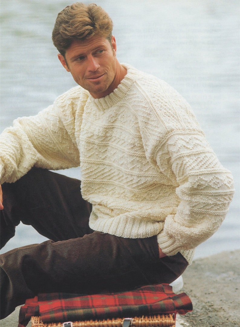 Mens and Boys Aran Sweater Knitting Pattern PDF 26 28  30 image 1