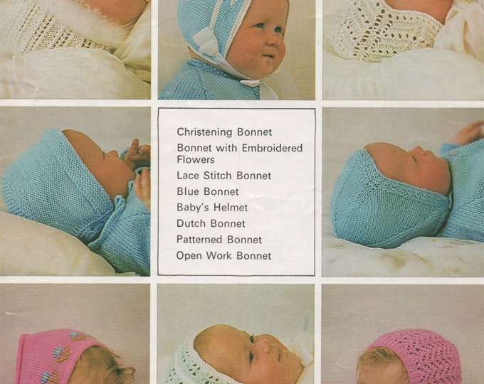 Babies Bonnet and Helmet Knitting Pattern PDF Baby Girls and Boys, 7 Bonnet designs, 1 Helmet design, Vintage Knitting Patterns for Babies