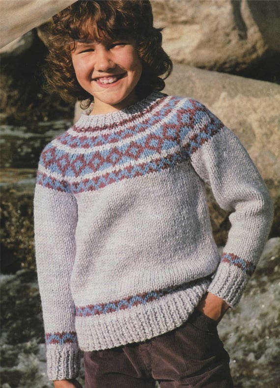 Fair Isle Yoke Sweater Knitting Pattern PDF Boys or Girls 26, 28