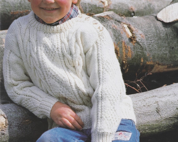 Shoulder Buttoned Aran Sweater Knitting Pattern PDF Childrens & Toddlers Boys or Girls 22, 24, 26, 28 and 30 inch chest, e-pattern Download