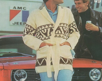 Mens Cardigan Starsky and Hutch Style Knitting Pattern 32 - 34, 36 - 38, 40 - 42 and 44 - 46 inch chest, Belted Jacket, Digital Download