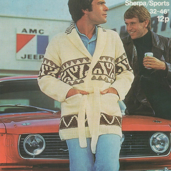 Mens Cardigan Starsky and Hutch Style Knitting Pattern 32 - 34, 36 - 38, 40 - 42 and 44 - 46 inch chest, Belted Jacket, Digital Download