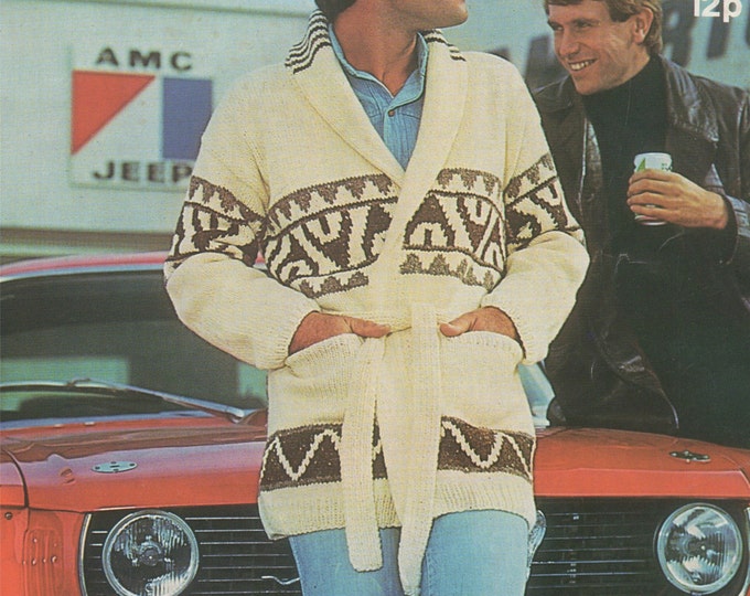 Mens Cardigan Starsky and Hutch Style Knitting Pattern 32 - 34, 36 - 38, 40 - 42 and 44 - 46 inch chest, Belted Jacket, Digital Download