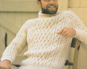 Mens Aran Sweater Knitting Pattern PDF Mans 32, 34, 36, 38, 40, 42, 44, 46 inch chest, Cable Stitch Jumper, Vintage Knitting Pattens for Men