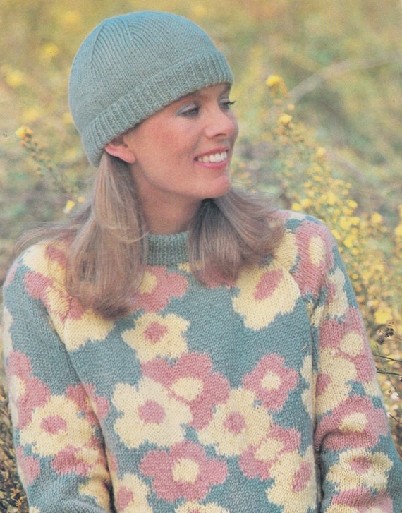 Flower Motif Sweater and Hat Knitting Pattern PDF Ladies 32, 34, 36, 38, 40  Inch Bust, DK 8 Ply Yarn, Vintage Knit Patterns for Women - Etsy