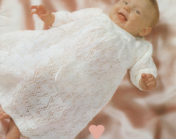 Christening Robe Knitting Pattern PDF Babies 18 inch chest, Long or Short Christening Dress , 2 Ply Yarn, Vintage Knitting Patterns for Baby