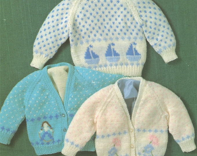 Babies Fair Isle Sweater and Cardigan Knitting Pattern PDF with Boat, People and Flower Motif, Baby Boys or Girls 16, 18 and 20 inch chest