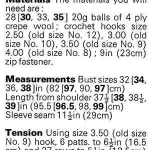 May include: Crochet pattern instructions for a garment with measurements in inches and centimetres. The pattern requires 28 to 35 balls of 4-ply crepe wool and crochet hooks in sizes 2.50, 3.00, 3.50, and 4.00.