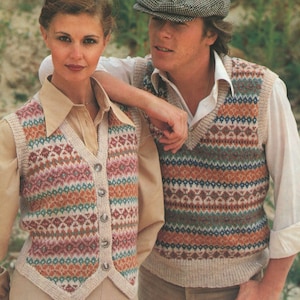 Fair Isle Pullover and Waistcoat Knitting Pattern PDF Womens or Mens 32, 34, 36, 38, 40, 42 inch chest, Vintage Knitting Patterns for Family