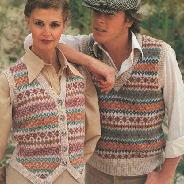 Fair Isle Pullover and Waistcoat Knitting Pattern PDF Womens or Mens 32, 34, 36, 38, 40, 42 inch chest, Vintage Knitting Patterns for Family