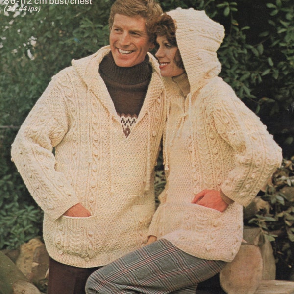 Aran Hooded Sweater Knitting Pattern PDF Womens and Mens 34, 36, 38, 40, 42 and 44 inch chest, Hoodie Jumper, Vintage Knitting Patterns