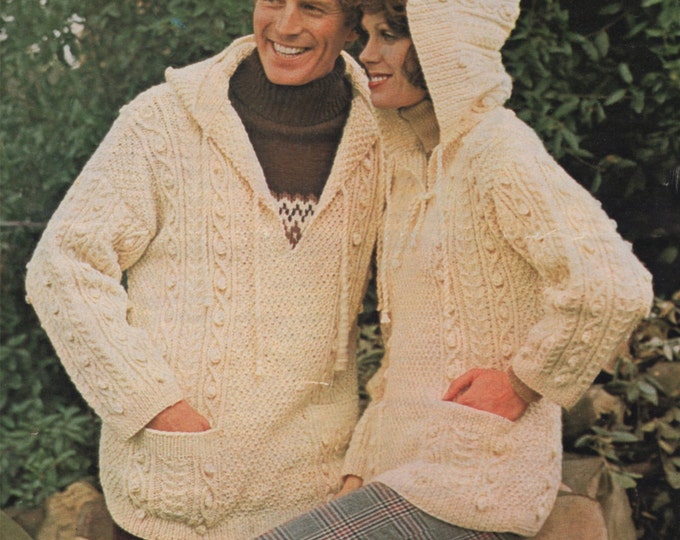 Aran Hooded Sweater Knitting Pattern PDF Womens and Mens 34, 36, 38, 40, 42 and 44 inch chest, Hoodie Jumper, Vintage Knitting Patterns