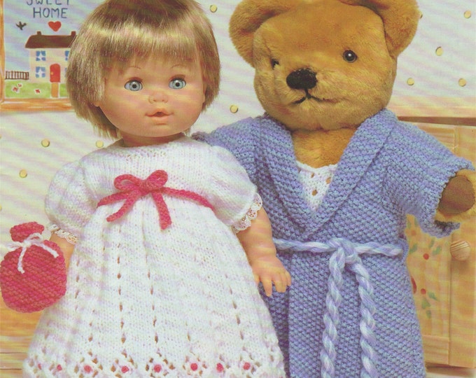 Teddy Bear and Dolls Clothes Knitting Pattern PDF Night Clothes Teddy 15, 17 and 19 inch, Doll 12 - 14, 15 - 18 and 19 - 22 inch, Download
