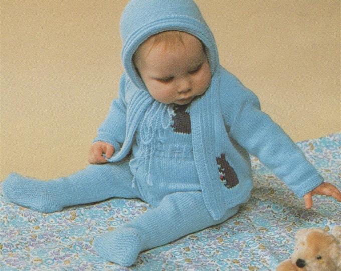 Babys All-in-one Suit and Hooded Jacket Knitting Pattern : Rabbit Motif . Babies Boy or Girl 20 - 21 inch chest . Pram Set . Rompers . 4 Ply
