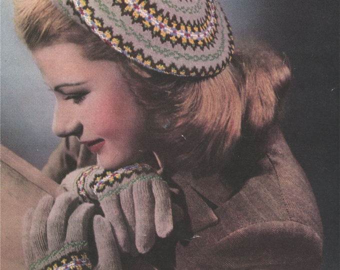 Womens Fair Isle Beret and Gloves Knitting Pattern PDF Ladies Fairisle Hat, Vintage Fair Isle Knitting Patterns for Women, epattern Download