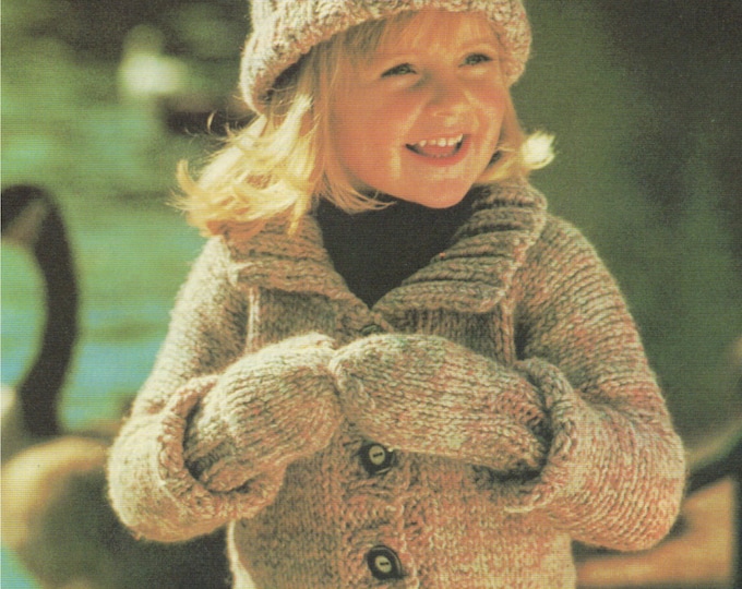 Childrens Jacket, Hat and Mittens Knitting Pattern PDF Boys or Girls 22, 24 and 26 inch chest, Cardigan, Vintage Knitting Patterns for Kids