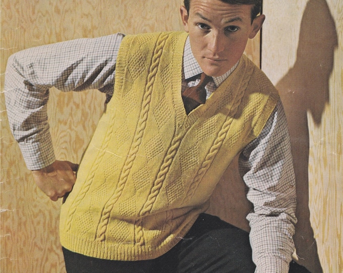 Mens Cable and Patterned Slipover Knitting Pattern PDF  Mans 38, 40, 42 & 44 inch chest, 4 ply yarn, Vintage Knitting Patterns for Men