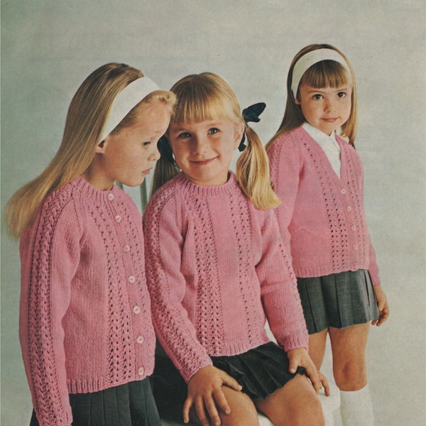 Girls Cardigan and Sweater Knitting Pattern PDF Girls 22, 24, 26, 28, 30 and 32 inch chest, Patterned Jumper, Round or V Neck Cardigan, pdf